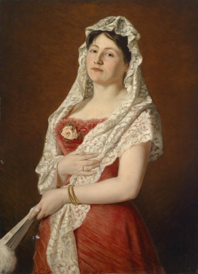 Bildnis einer Dame mit weißer Spitzenmantille und Fächer von Ludwig Gloss